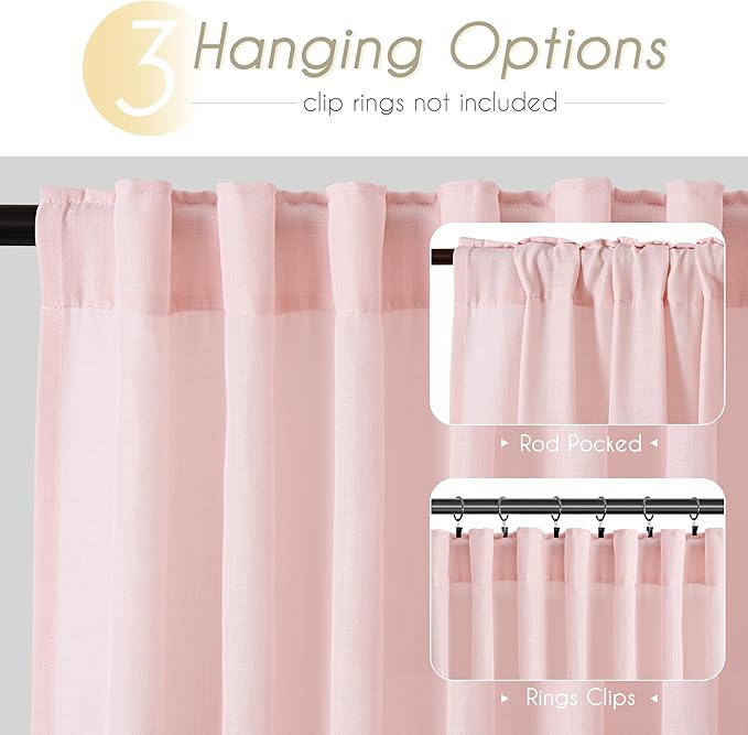 Pink Light Filtering Linen Curtains 63 Inch Length 2 Panels for Girls Bedroom Nursery Soft Drapes Semi Sheer Farmhouse Boho Texture Window Treatment Sets Drapes for Living Room
