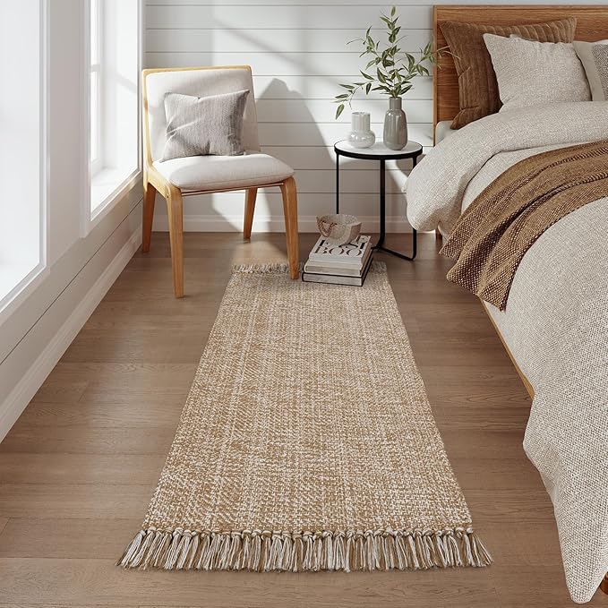 Collive Kitchen Runner Rug, 2' x 4.3' Modern Farmhouse Washable Entryway Door Mat, Tan Bathroom Carpet Hand Woven Reversible Indoor Outddor Rugs for Hallway Foyer Bedroom Decor