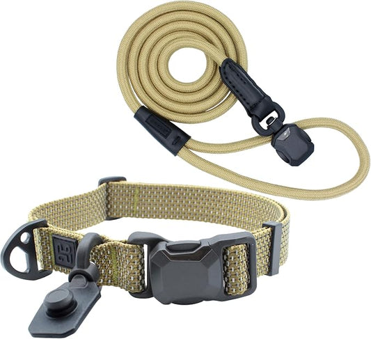 Quick Clip Dog Collar & Rope Leash Set, Sand Large – Magnetic Buckle, Reflective