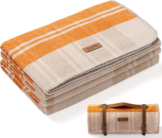 Molithe 100% Wool Blanket, 62" x 86", Warm, Thick, Washable, Military | Great for Camping, Outdoors, Sporting Events, Survival Kits ApricotOrange