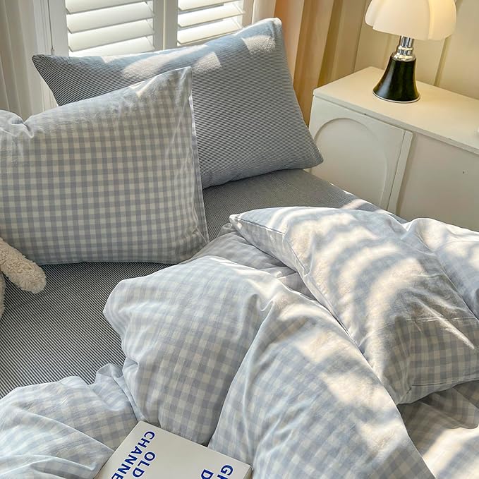 mixinni Light Blue Gingham Duvet Cover Set Full Size - 100% Washed Cotton 3 Piece Plaid Checkered Bedding Set, Soft Comfy Grid Farmhouse Comforter Cover with Zipper Closure & Corner Ties