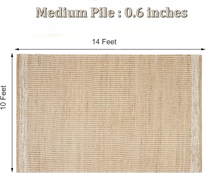 10x14 feet Natural Jute & Wool Area Rug,– Handwoven Mini Check Natural Fiber Rug with 4" Border, Neutral Boho Farmhouse Rug for Living Room,Dining Room,Bedroom | 0.6" Pile (10' x 14')