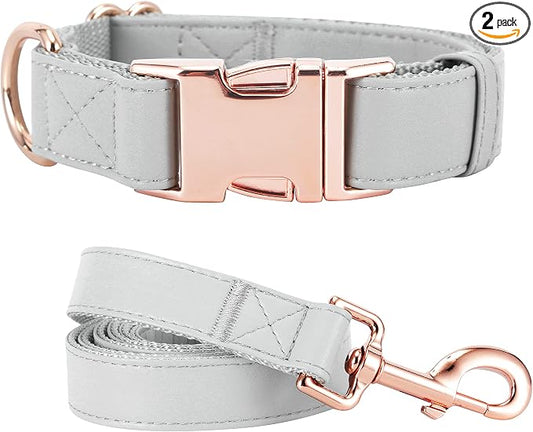 Dog Collar and Leash Set.Soft and Easy to Clean Vegan Leather with Rose Gold Metal Buckle for Small Medium Large Dogs (Grey, S(12.2"-16.9"))
