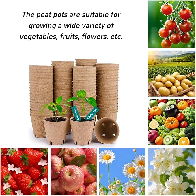 102 Pcs Peat Pots for Seedlings, 3.14 inch Biodegradable Seed Nursery Pot with Drainage Holes, Seedling Pots Include 50 Labels