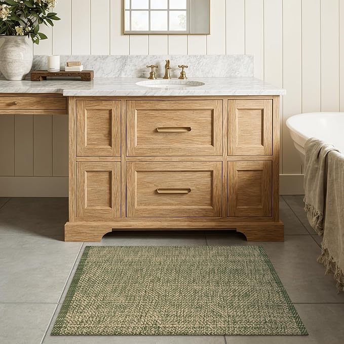 LEEVAN Washable Bathroom Rug, 2'x3' Low Profile Entryway Rugs Front Door Mat Cotton Reversible Kitchen Mat Boho Bedroom Rug Farmhouse Carpet for Foyer Front Porch Decor(Olive Green&Natural)