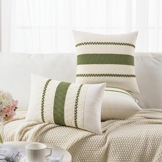 Fancy Homi Set of 1 Boho Moss Green Decorative Throw Pillow Cover 22x22 Inch for Couch Bed Sofa, Aesthetic Modern Organic Farmhouse Home Decor, Soft Cotton Cute Accent Macrame Woven Cushion Case