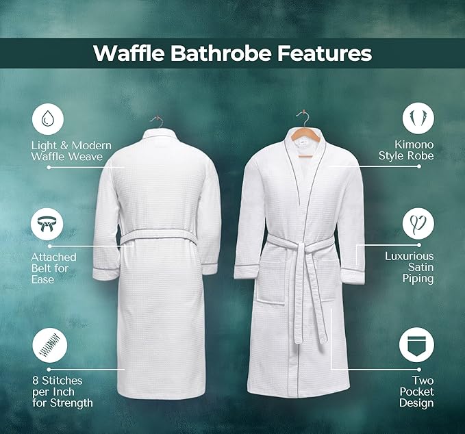 Looperry Unisex White Waffle Bathrobe (1 Piece) Luxurious & Lightweight Shower Robe in Organic Cotton Poly Blend
