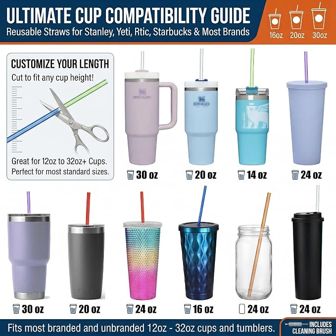 ALINK 24 Pcs Reusable Straws, 10.5 Inch Long Tritan Hard Plastic Straws with 4 Brushes, 12 Colors Clear Repacement Straw for 30oz 20oz 16oz Tumbers, Stanley, Starbucks, YETI, Mason Jars, BPA Free