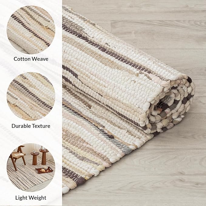 HOMEMONDE Beige Chindi Rug 3'x5' Recycled Soft Cotton Rag Rug Hand Crafted Reversible Boho Decor for Bedroom, Living Room, Kitchen, Entyrway