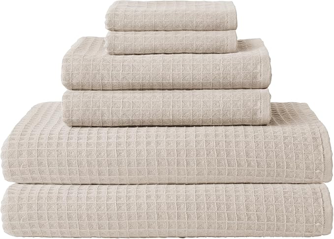 UCHINO Waffle Twist Cotton Weave Towel Set for Bathroom – 2 Bath, 2 Hand, 2 Washcloths, Lightweight Absorbent Quick Dry Honeycomb Texture Solid Terry Loop Reverse, 6 Piece, Linen