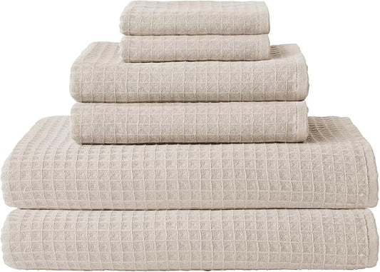 UCHINO Waffle Twist Cotton Weave Towel Set for Bathroom – 2 Bath, 2 Hand, 2 Washcloths, Lightweight Absorbent Quick Dry Honeycomb Texture Solid Terry Loop Reverse, 6 Piece, Linen