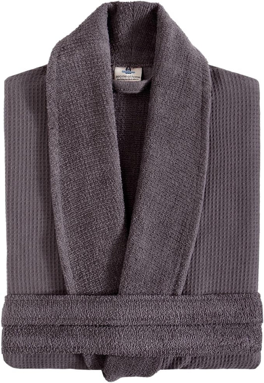 sea me at home Turkish Cotton Waffle Bathrobe, Luxury Spa Hotel Shawl Collar Robe for Women & Men, Plush Terry Inside