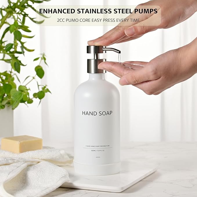 Glass Soap Dispenser Bathroom Set by Janxin, Foaming Kitchen soap Dispenser with Ceramic Tray for Dish Soap, Liquid Soap Dispenser for Hand Soap, Lotion, Body Wash (White+Silver)