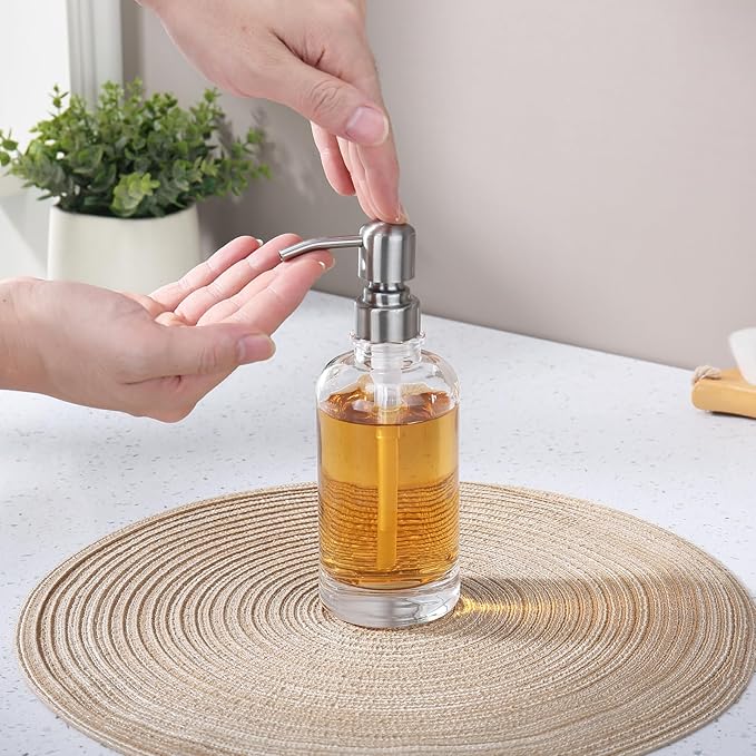 Clear Glass Soap Dispenser with Brushed Nickel Pump, 11 OZ Liquid Soap Dispenser Cylindrical with Stainless Steel Pump for Dish Hand Soap Bathroom Kitchen Vanity Countertop