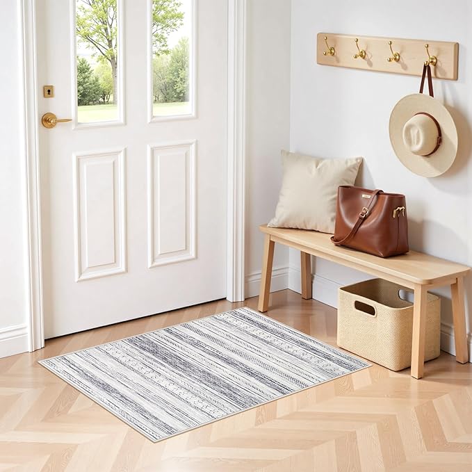 Tortania Area Rug Living Room Rugs - 2x3 Washable Soft Neutral Boho Moroccan Farmhouse Mat Indoor Floor Carpet for Bedroom Hallway Entryway Kitchen Home Office Decor - Grey