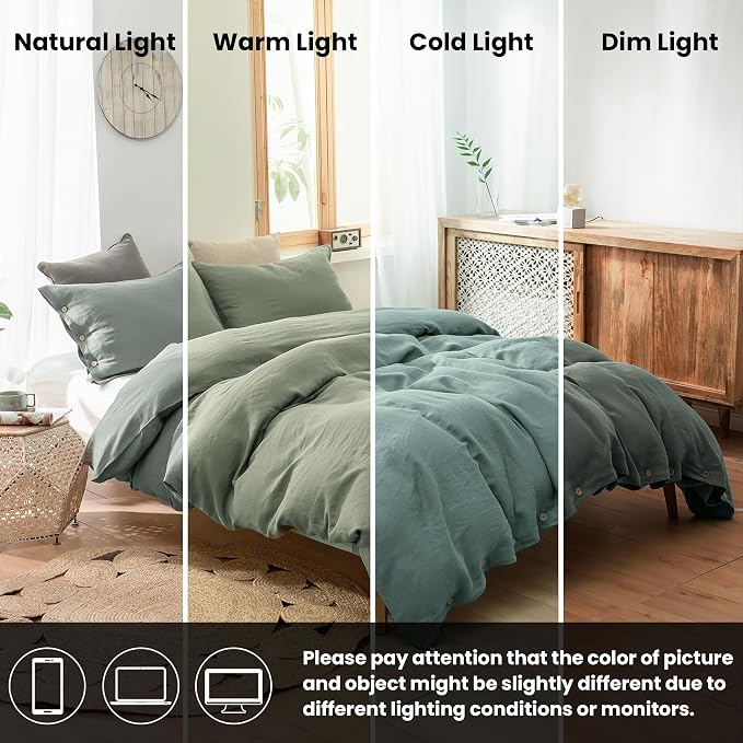 Simple&Opulence 100% Linen Duvet Cover Set 3pcs with Coconut Button Closure Natural French Washed Flax Solid Color Soft Breathable Farmhouse Bedding - Cushing Green, King Size