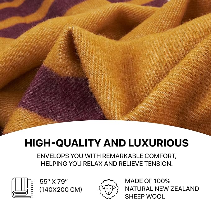 New Zealand Virgin Wool Throw Blanket, Indoor & Outdoor Blankets and Throws, Striped Soft Blanket with Fringes, 55 x 79 in (140 x 200 cm), Mustard Red