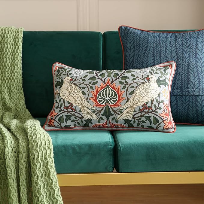 ISAENNE Designer William Morris Rectangular Throw Pillow Covers 12x20 Pack of 2,Vintage Floral Birds Cushion Cases, Decorative Linen Pillow Covers for Sofa Couch Bedroom Living Room Outdoor