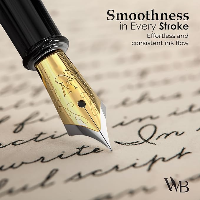 Wordsworth & Black Fountain Pen Set, 18K Gilded Extra Fine Nib, Includes 24 Pack Ink Cartridges, Ink Refill Converter & Gift Box, Gold Finish, Calligraphy, [Silver Gold], Perfect for Men & Women