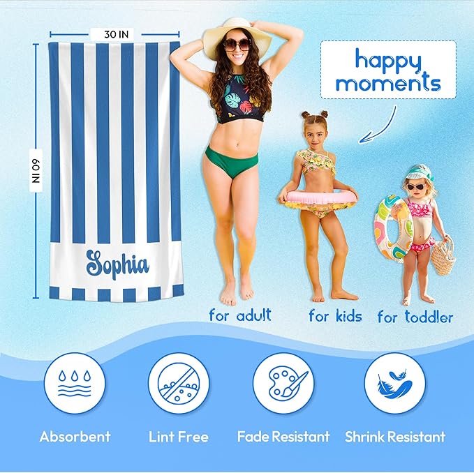 JML Personalized Beach Towel with Name, Custom Cabana Stripe Beach Towel, Customized Microfiber Pool Towel, Quick Dry & Absorbent Swim Towel for Adult,Mother's Day, Birthday, Summer Holiday,Vacation