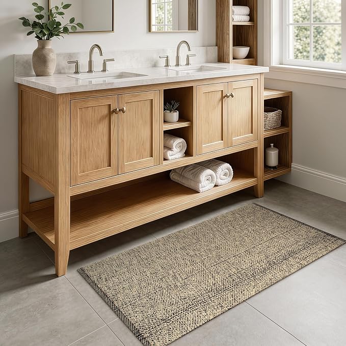 LEEVAN Washable Kitchen Rug 2' x 4.3', Natural Bathroom Runner Rug, Reversible Small Hallyway Rug, Farmhouse Low Profile Front Door Mat, Modern Bedroom Carpet for Foyer Laundry/Proch Decor