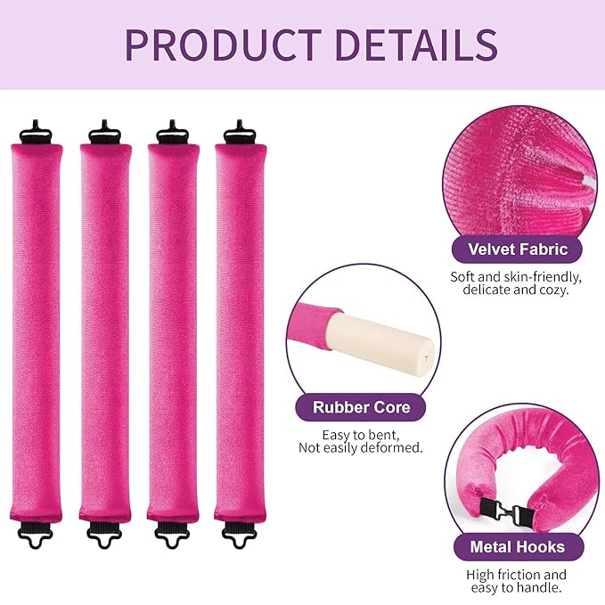 Heatless Curls Overnight Hair Curlers - 4 Pcs No-Heat Curling Rod to Sleep In,Velvet Hair Rollers with Satin Wrap