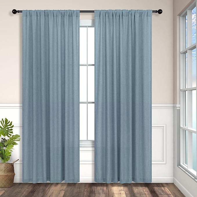 Light Blue Curtains 63 Inch Length for Kids Room 2 Panel Back Tab Pocket Semi Sheer Linen Lightweight Airy Flowy Country Blue Farmhouse Curtain for Bedroom Teen Boys Boho Denim Blue Grey Gray 52x63