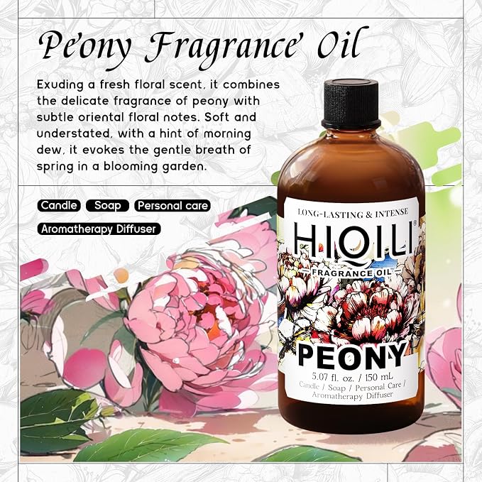 HIQILI Peony Fragrance Oil for Diffuser, Candle & Soap Making - 5.07 Fl Oz | Idea for Making Women's Perfume, Car Air Freshener, Skin & Body Care - 150 ML