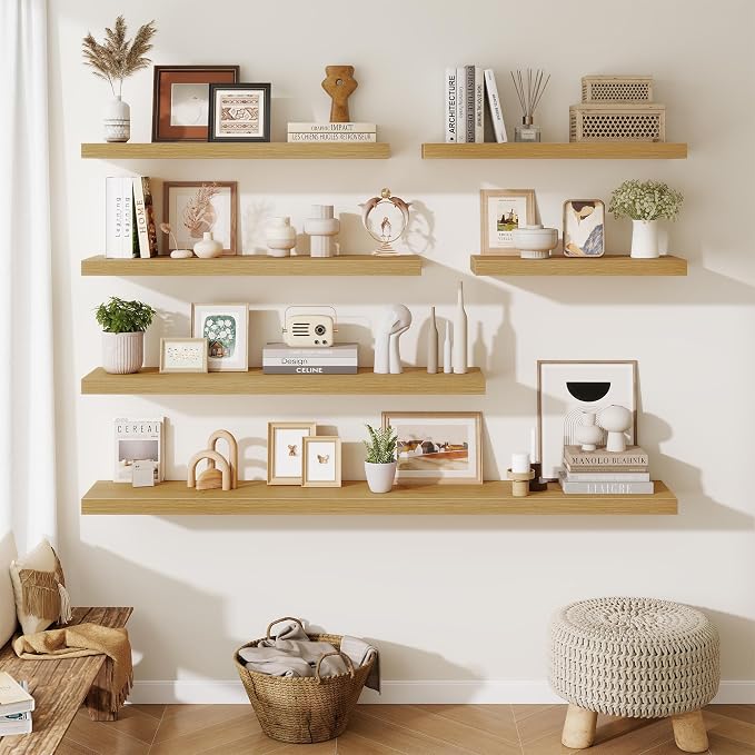 Fun Memories Floating Shelves for Wall, 30 Inch Long Floating Shelves Set of 3, 30 x 10 Wooden Shelves for Wall, Large Storage Shelves, Hanging Shelves for Bathroom Kitchen Bedroom, Oak