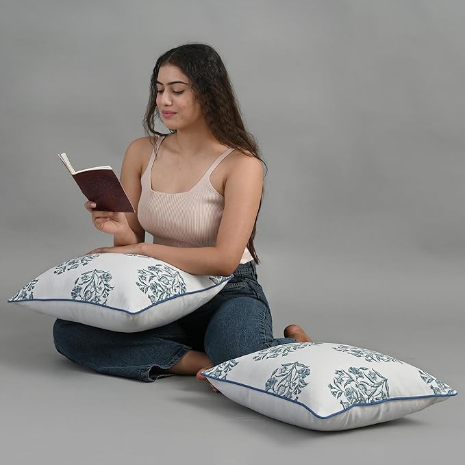 CPC Indigo Blue Block Print Throw Cushion Cover 18 x 18 Inch Set 2 - Decorative Boho Floral Pillow Case for Living Room, Bed, Sofa, Couch, Home Decor Cushion Cover Gift for Spring, Mother's Day