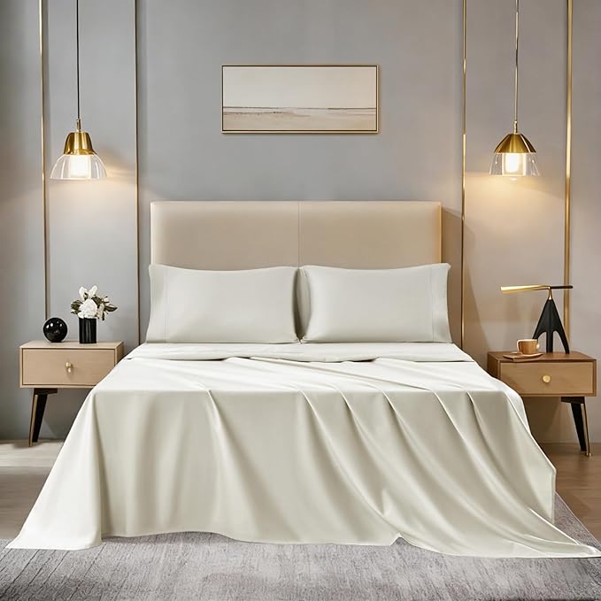 Sophia & William 1000 Thread Count Egyptian Cotton Sheets California King, 100 Percent Cotton Sheets Sateen Weave, 16" Deep Pockets, All-Season 4 Piece Silky Sheet - Ivory