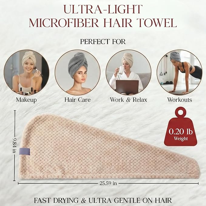 2 Pack Microfiber Hair Towel Wrap for Women 26 x 10 in | Hair Drying Towel with Button | Hair Turban Towel Quick Dry Waffle Coral Fleece Head Towels (Grey + Camel)