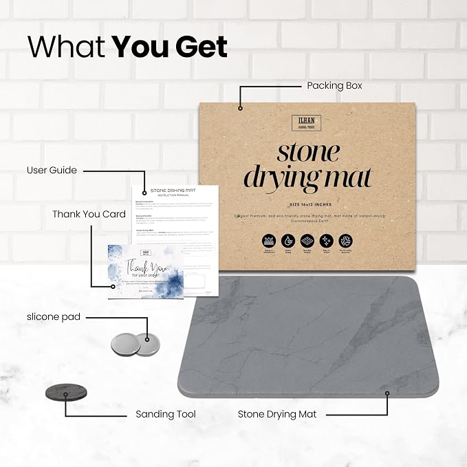 Diatomite Stone Dish Drying Mat for Kitchen Counter & Sink – Quick Dry, Super Absorbent, Non Slip, Eco Friendly Water Absorbing Tray, Heat Resistant 16x12”