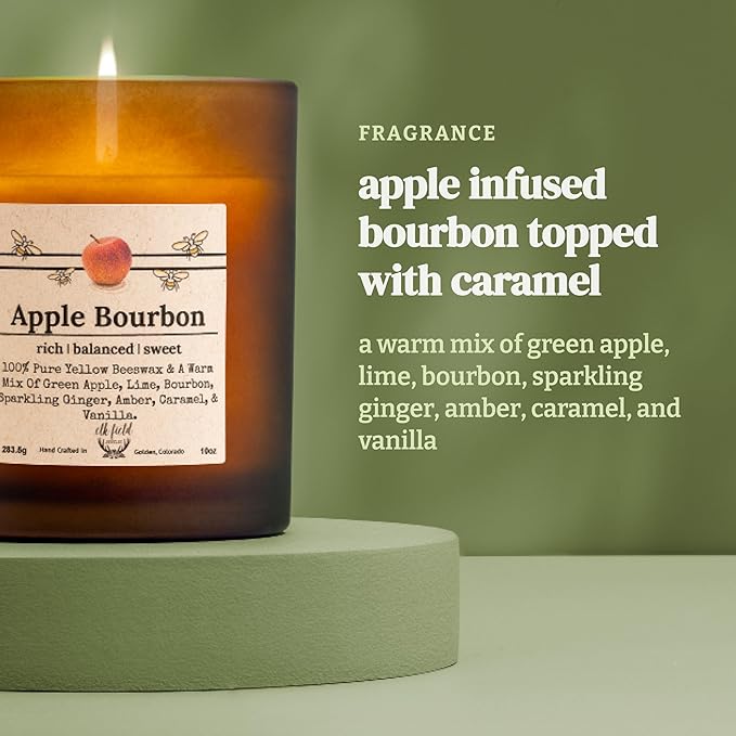 Apple Bourbon Organic Beeswax Candle, 8oz | 2 Ingredients | 100% Pure Beeswax Candles, Non Toxic, Natural, Organic Candles, Beeswax Candles Scented, Non Toxic Candles, 50 Hour