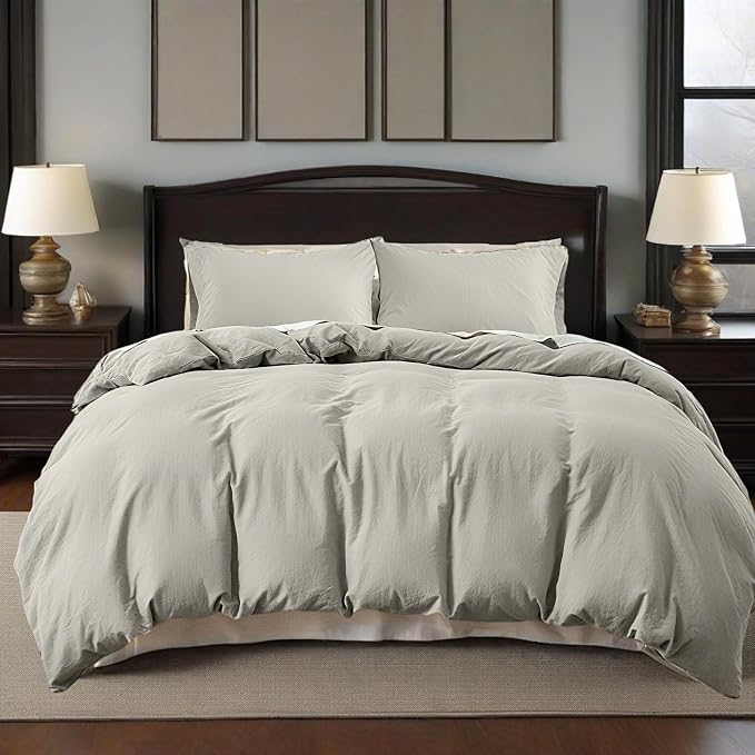 QKTE French Linen Duvet Cover Set, 3 PCS Natural French Flax Light Grey Duvet Cover King Size, Breathable Soft Comfy Linen Bedding Comforter Cover with 2 Pillowcases(Light Grey, 104" x 92")