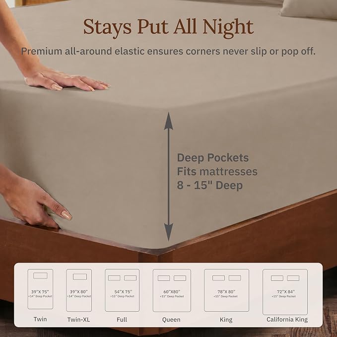 California Design Den 100% Organic Cotton Sheets Full Size Set - Soft and Lightweight Sateen, Deep Pocket Organic Full Sheets, Durable Bedding - Warm Taupe