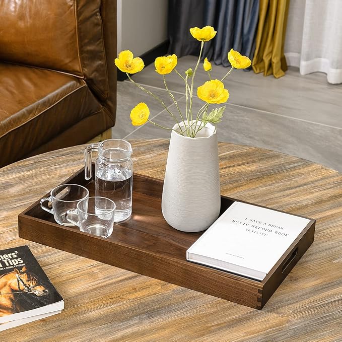 24"x13" XL Wooden Ottoman Tray with Handle FSC Natural Handmade Black Walnut Serving Tray Vintage Decorative Platters for Oversized Ottoman Kitchen
