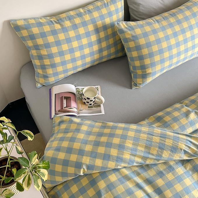mixinni Plaid Duvet Cover Set Twin Yellow - Soft Washed Cotton Modern Geometric Bedding Set with 2 Pillowcases, Blue Green Gingham Grid Twin Duvet Cover for Men & Women, Soft & Lightweight