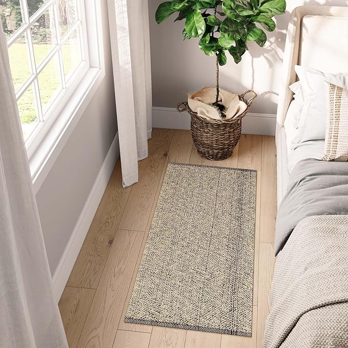 LEEVAN Washable Kitchen Rug 2' x 4.3', Natural Bathroom Runner Rug, Reversible Small Hallyway Rug, Farmhouse Low Profile Front Door Mat, Modern Bedroom Carpet for Foyer Laundry/Proch Decor