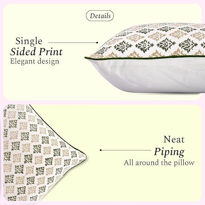 CPC Botanical Trellis Green Block Print Throw Cushion Cover 18 x 18 Inch Set 2 - Decorative Boho Floral Pillow Case for Living Room, Bed, Sofa, Couch, Home Decor Gift for Spring, Mother's Day
