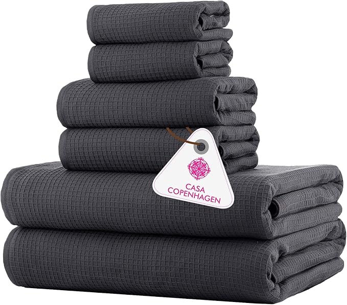 CASA COPENHAGEN Waffle 6Pcs 100% Egyptian Cotton Large Designer Towels Gift Set- Silver Grey, 2Bath 2Hand 2Washcloths, Bath Towels for Bathroom (Box Pack, Set for Women & Men)
