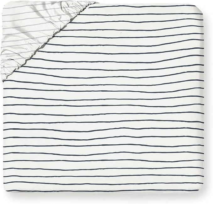 MakeMake Organics Organic Full Fitted Sheet Set GOTS Certified Organic Cotton Fitted Sheet with Pillowcase Ultra Soft Non Toxic Breathable Hypoallergenic Blue Stripes Neutral (Full, Stripes Navy)