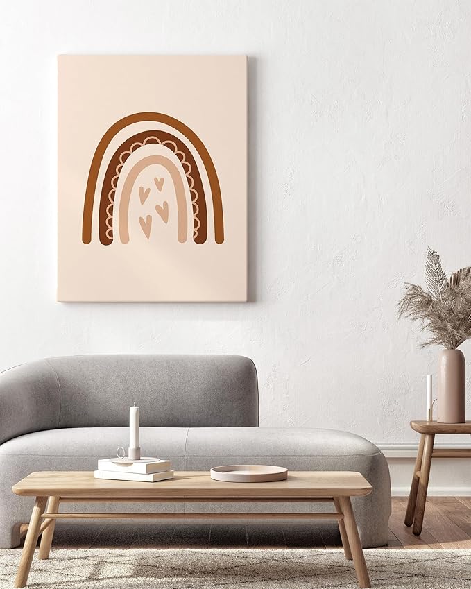 Y2K BOO Boho Nursery Rainbow Wrapped Canvas Wall Art with Hearts Earth Tones Terracotta Brown 24x36 Inch Gallery Stretched Modern Home Decor