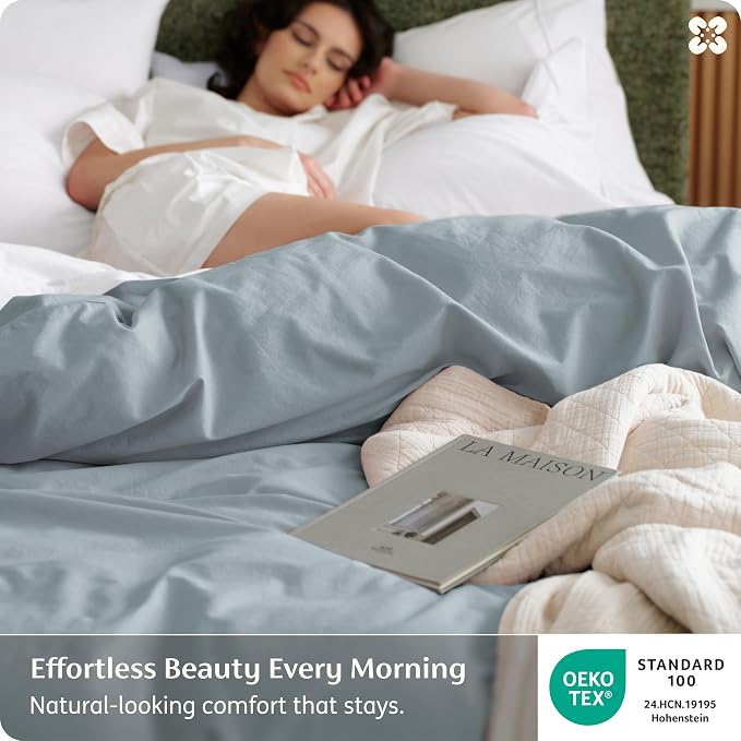 Bedsure Duvet Cover King Size - 100% Washed Cotton, Linen-Like Minimalist Bedding - PureWoven Plain Soft Comforter Cover for All Seasons, 1 Duvet Cover Only (Dusty Blue, 104" x 90")