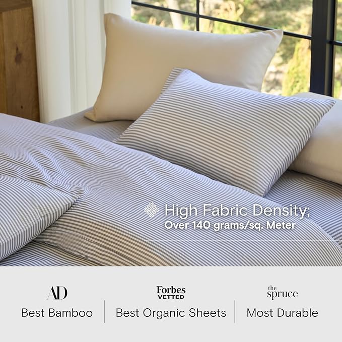 DOZ Sheet Set, 100% Viscose derived from Bamboo, Organically Grown, Buttery Soft, Cooling Sheets, High GSM, Deep Pockets - 2 Piece - 1 Pillowcase 1 Fitted Sheet (Stripe, Twin XL)