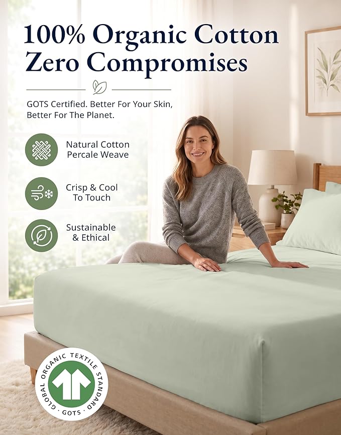 LANE LINEN Twin Size Fitted Sheet & Pillowcase (No Flat Sheet) - 100% Organic Cotton Soft & Breathable Percale Weave For Crisp & Cool Sheets - 15'' Deep Pocket For Snug Fit - GOTS Certified - Mineral