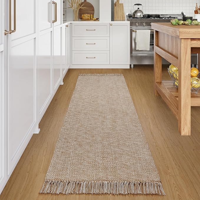 Collive Long Hallway Runner Rug 2.6' x 7', Washable Runners Indoor Entryway Rugs, Tan/Cream Braided Woven Kitchen Carpets Low Profile Front Door Floor Mat for Laundry Room Bedroom Doorway