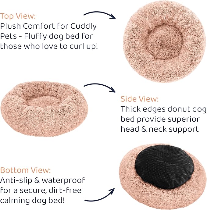 Petloox Donut Dog Bed - Premium Comfort for Anxiety Relief - Fluffy & Calming Design with Ultra-Plush Support | Cozy Round Dog Bed with Super Soft Circle Style (Pink, Small)