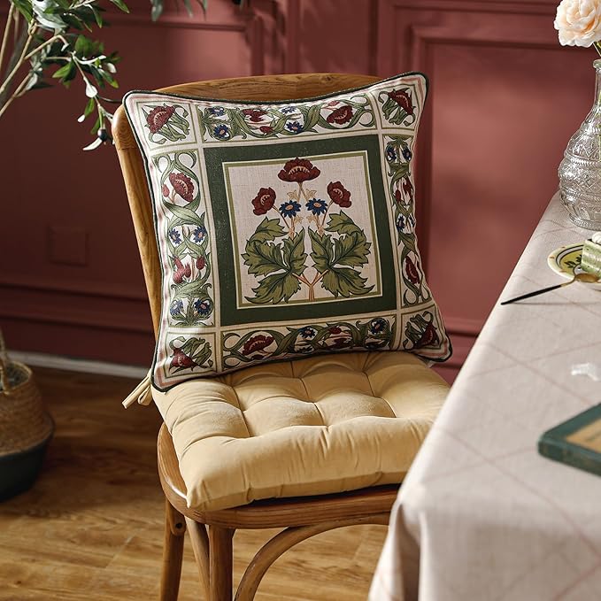 ISAENNE Design Linen Square Throw Pillow Covers 18"x18" Pack of 2, Yellow Green French Cushion Covers with Red Rose Floral Pattern Decoration Pillowcases for Bed, Living Room, Outdoor, Car