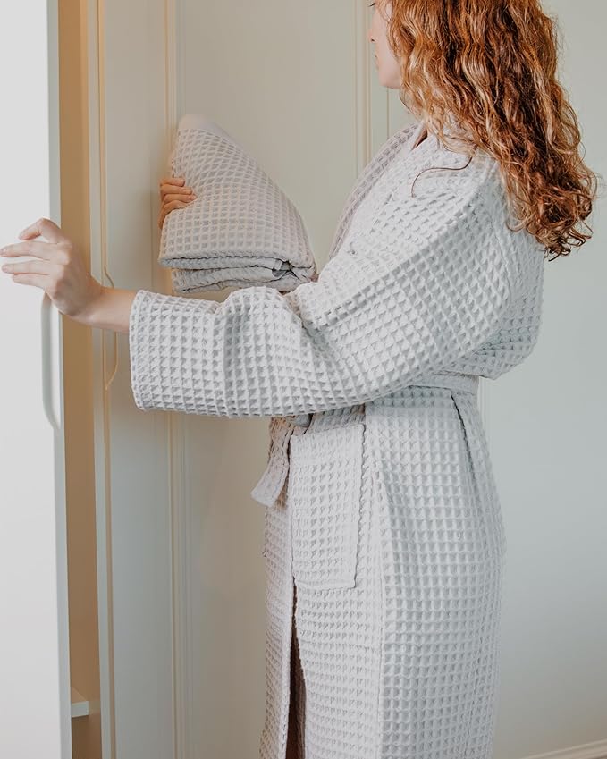 100% Cotton Waffle Kimono Bathrobe for Men & Women, Cozy Leisurewear with Functional Pockets, Comfortable Robe for Relaxation